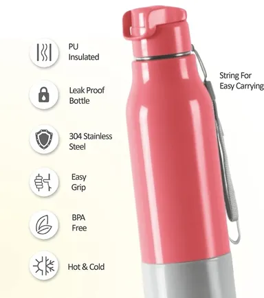 Milton Steel Sprint 900 Insulated Stainless Steel Water Bottle 630ml Easy Grip Leak Proof Bottle for School Office Gym Travel Pink thumbnail 2
