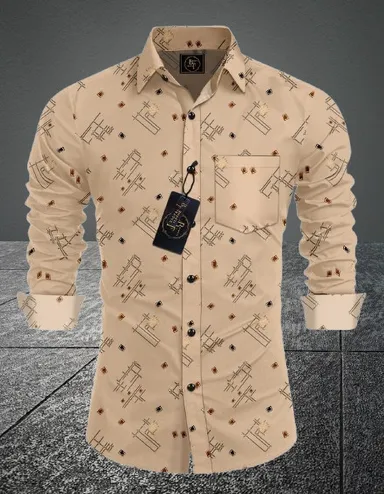 Men Printed Casual Khaki Cotton Shirt |  Full Sleeve Summer Wear | Stylish Office & Weekend Look thumbnail 0