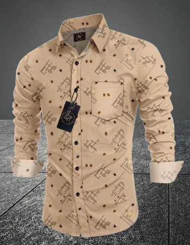 Men Printed Casual Khaki Cotton Shirt |  Full Sleeve Summer Wear | Stylish Office & Weekend Look thumbnail 4