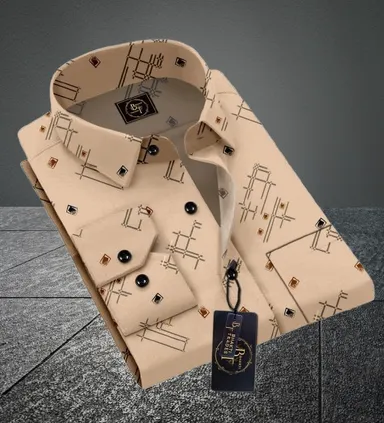 Men Printed Casual Khaki Cotton Shirt |  Full Sleeve Summer Wear | Stylish Office & Weekend Look thumbnail 3
