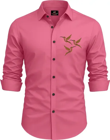 Men Embroidered Casual Shirt | Pink Designer Cotton Shirt for Daily Wear Stylish Partywear for Men | Fashionable Fit thumbnail 0
