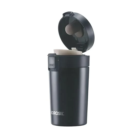 Borosil Hydra Coffeemate 300 ml Stainless Steel Travel Mug | Double Wall Vacuum Insulated | 8 H Hot & 14 H Cold | Leak‑Proof | Black image 2