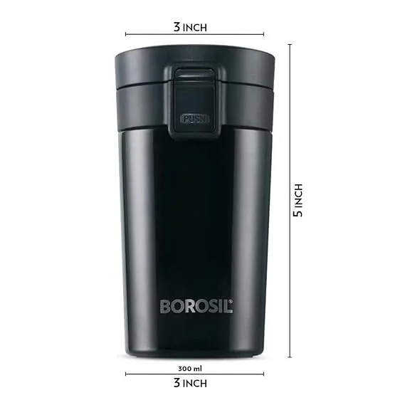 Borosil Hydra Coffeemate 300 ml Stainless Steel Travel Mug | Double Wall Vacuum Insulated | 8 H Hot & 14 H Cold | Leak‑Proof | Black image 3