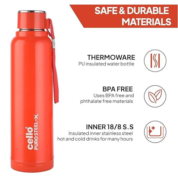 Cello Puro Steel‑X Benz 900 730 ml Insulated Stainless Steel Water Bottle Leak‑Proof BPA Free Wide Mouth for Gym Travel Office Daily Hydration image 2