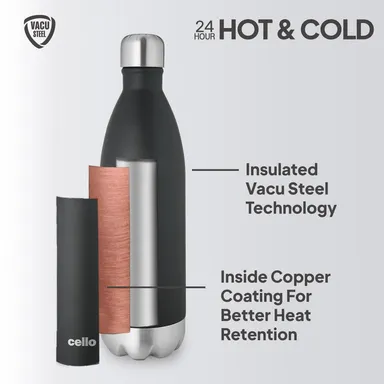 Cello Duro Swift 750 ml Black Stainless Steel Vacuum Insulated Water Bottle — Double Wall Leak-Proof Flask for Hot & Cold Beverages thumbnail 2