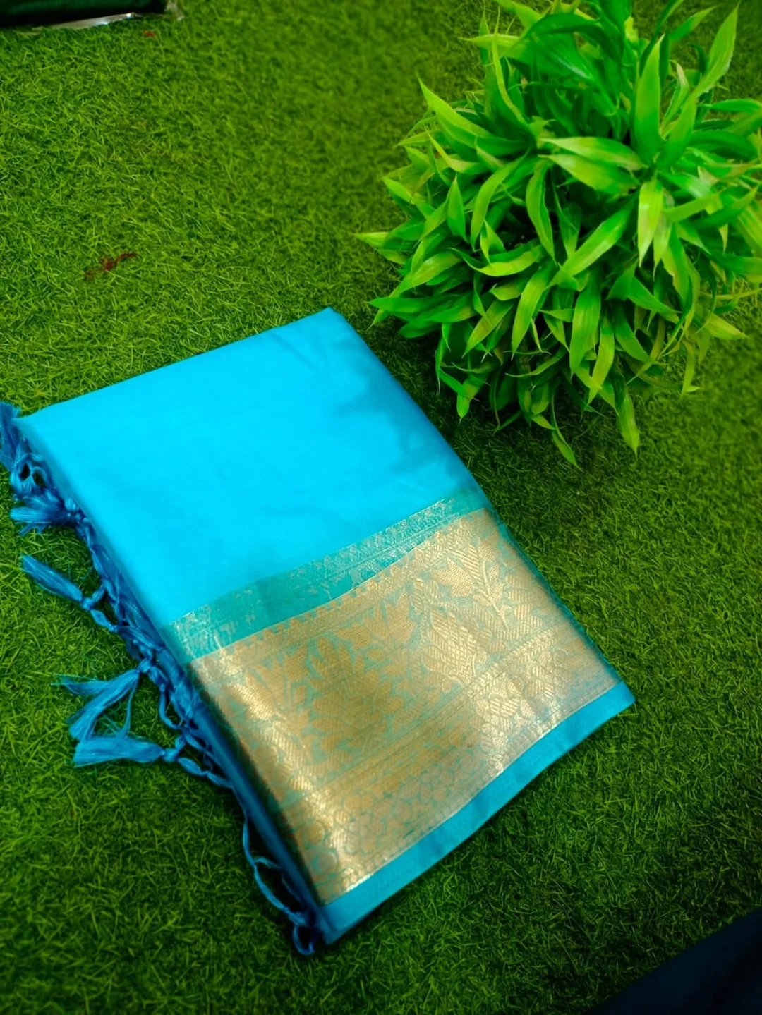 Turquoise organza saree gold zari border| Handcrafted Maslin | Wedding guest | Blouse piece image 1