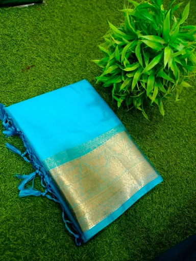 Turquoise organza saree gold zari border| Handcrafted Maslin | Wedding guest | Blouse piece thumbnail 0