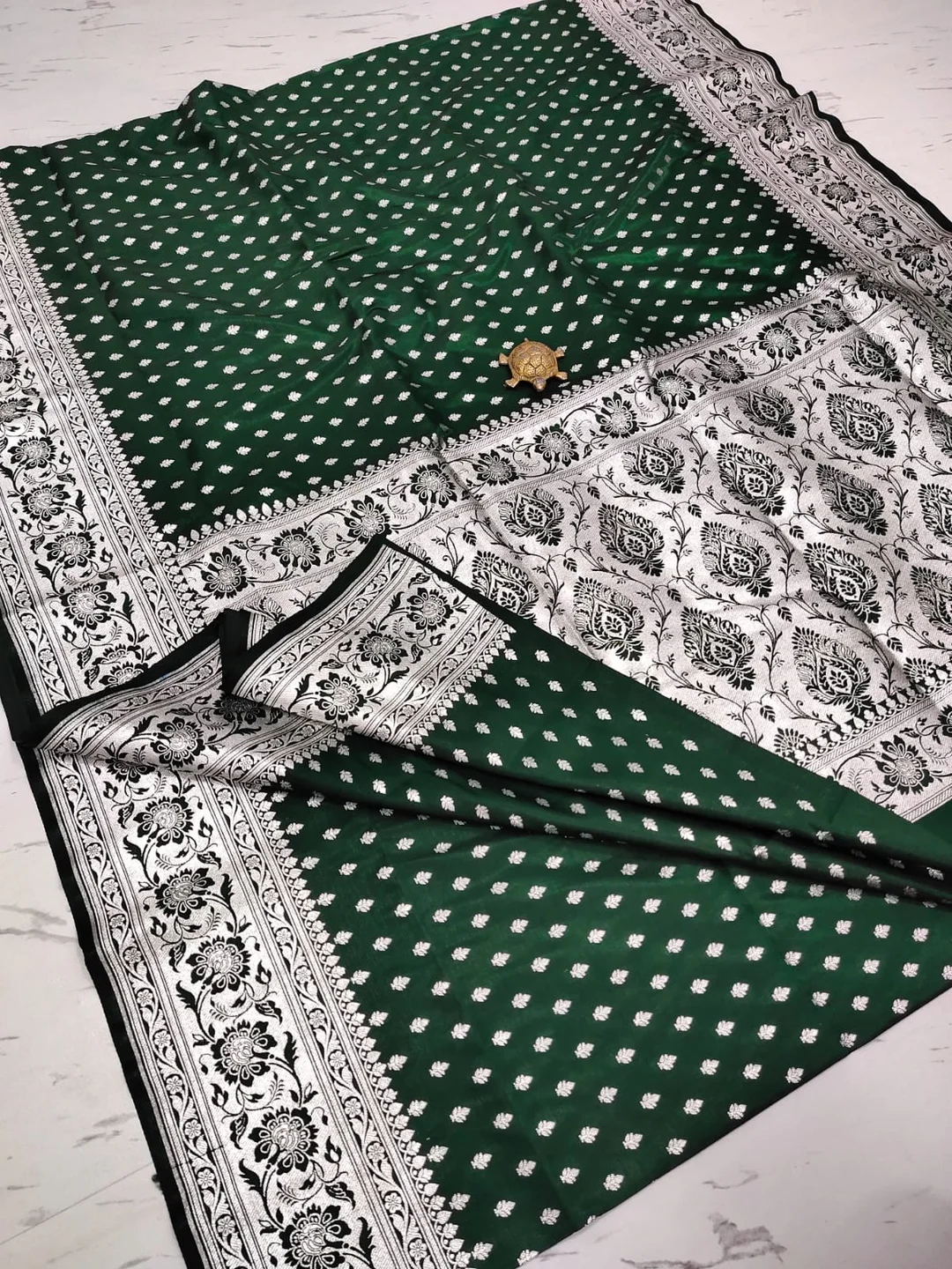 Regal Green Satin Banarasi Saree with Silver Zari Border |Handcrafted Pure Silk for Weddings With Blouse image 2