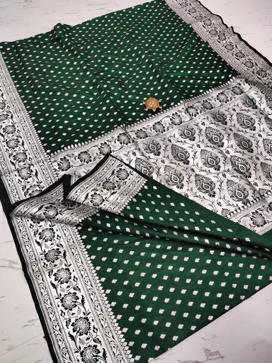 Regal Green Satin Banarasi Saree with Silver Zari Border |Handcrafted Pure Silk for Weddings With Blouse thumbnail 1