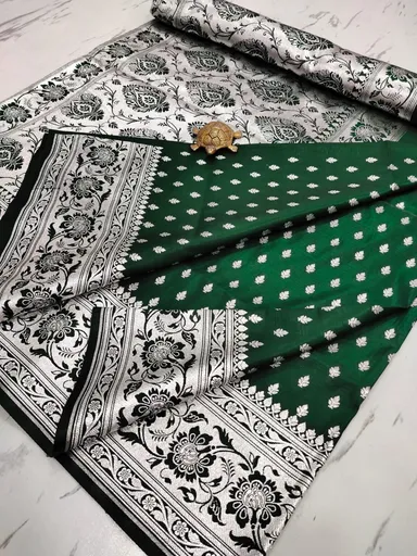 Regal Green Satin Banarasi Saree with Silver Zari Border |Handcrafted Pure Silk for Weddings With Blouse thumbnail 0