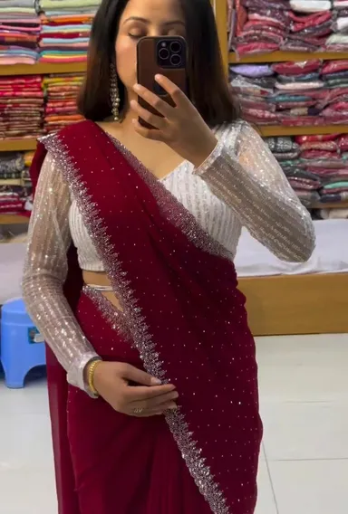 Maroon Chiffon Bridal Wedding Saree Free Size Ultra Lightweight Festive Wear Bridal Draped Saree Embroidered Flowing Ethnic Wedding Outfit for Indian Bride thumbnail 0