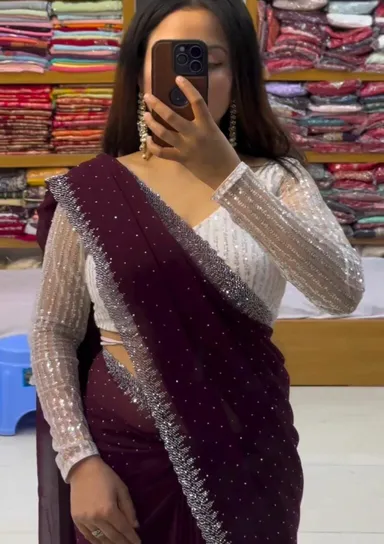 Wine Chiffon Saree | Handcrafted Soft Bridal Saree | Free Size Partywear Saree | Luxury Wedding Wear for Women thumbnail 0