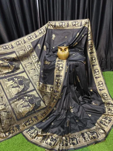 Premium Handcrafted Black and Gold Bishnupuri Silk Saree for Wedding Festive Wear Traditional Indian Ethnic Saree with Rich Weave Elegant Draped Look thumbnail 0