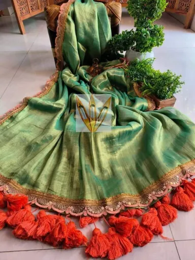 Premium Green Raga Tissue Silk Sari| Handcrafted Free Size | Festive and Wedding Wear thumbnail 0