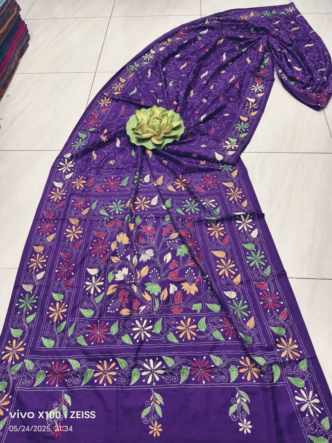 Regal Radiance Royal Purple Assam Silk Saree | Multicolor Kantha Hand Embroidery |Wedding & Festive Wear image 1