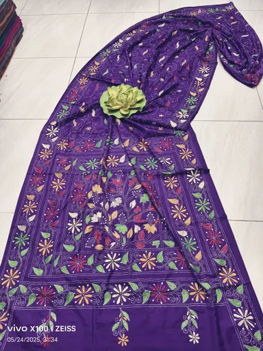 Regal Radiance Royal Purple Assam Silk Saree | Multicolor Kantha Hand Embroidery |Wedding & Festive Wear thumbnail 0