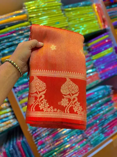 Handwoven Tissue Banarasi Saree Reddish‑Orange with Gold Zari Bridal Lightweight Traditional Indian Wedding Festive Ethnic Drapes thumbnail 0