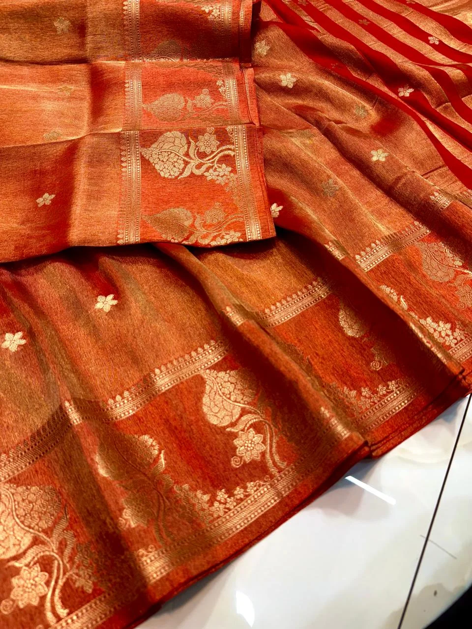 Handwoven Tissue Banarasi Saree Reddish‑Orange with Gold Zari Bridal Lightweight Traditional Indian Wedding Festive Ethnic Drapes image 2