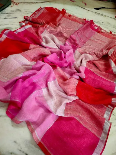 Handcrafted Pure Linen Check Saree Pink |Red With Blouse Piece Lightweight Daily Wear Stylish Indian Women Linen Saree Casual |Festive Look thumbnail 0