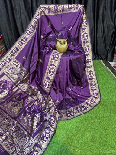 Royal Amethyst Purple & Gold Bishnupuri Silk Saree | Handcrafted silk saree for bridal use | Free Size Deep Purple Gold Weave thumbnail 0