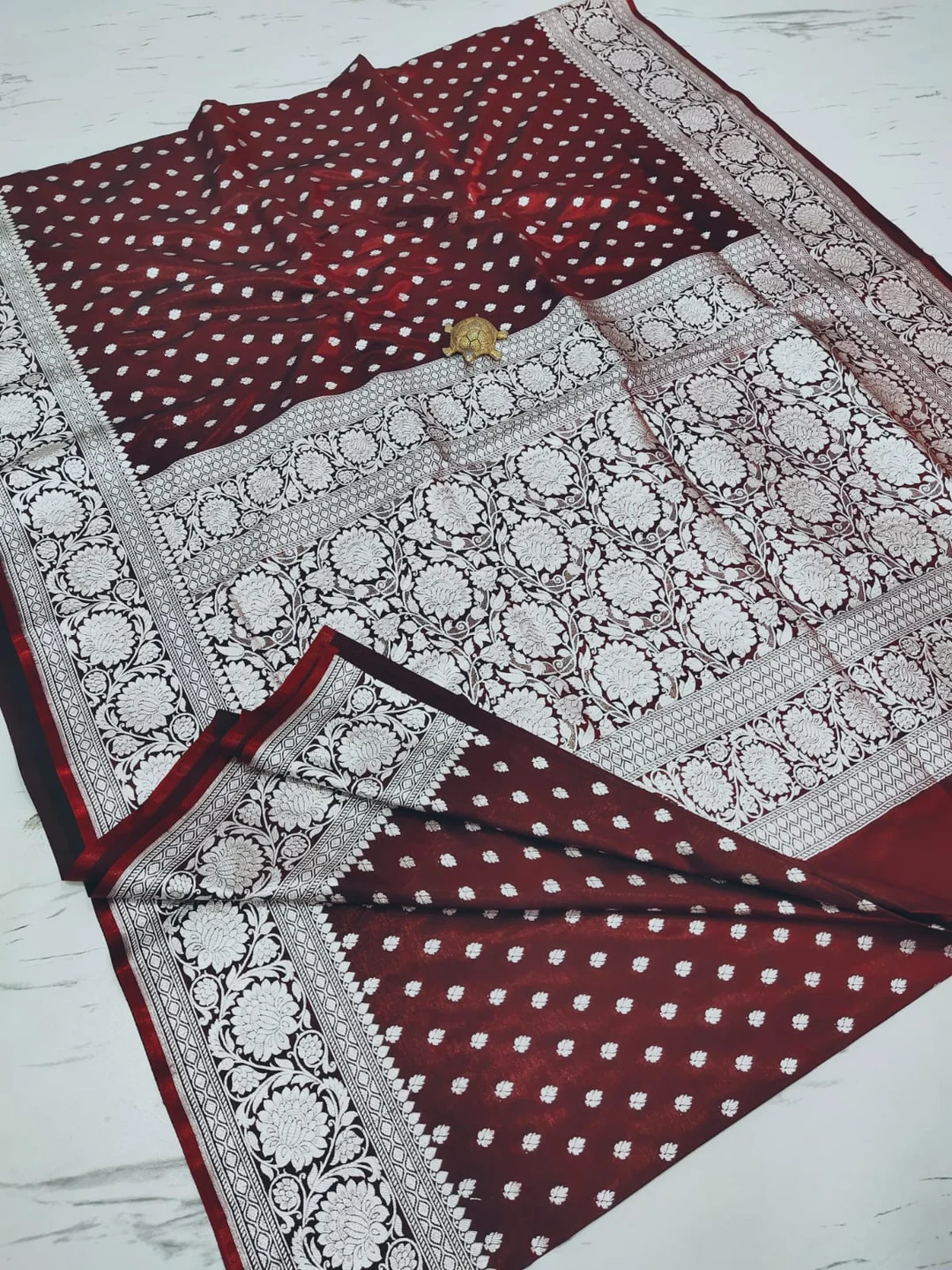 Royal Maroon Satin Banarasi Saree with Heavy Silver Zari | Blouse Border | Handcrafted for Weddings & Festive Wear image 2