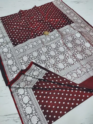 Royal Maroon Satin Banarasi Saree with Heavy Silver Zari | Blouse Border | Handcrafted for Weddings & Festive Wear thumbnail 1