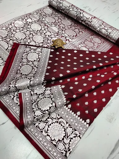 Royal Maroon Satin Banarasi Saree with Heavy Silver Zari | Blouse Border | Handcrafted for Weddings & Festive Wear thumbnail 0