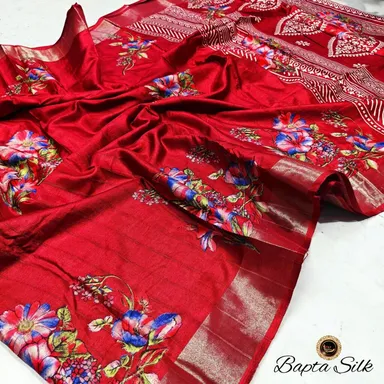Ruby Red Bapta Silk Saree | Handcrafted Digital Floral Design |Free Size Saree with Blouse Piece for Women| Party Wear thumbnail 0