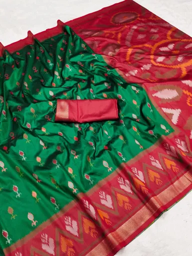 Handwoven Pure Ikat Pochampally Silk Bridal Saree with Bottle Green Body, Red Ikat Pallu and Blouse Piece Traditional Handloom Indian Wedding Silk Saree thumbnail 0