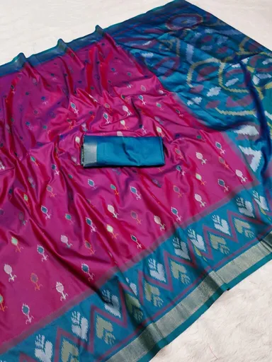 Handwoven Pure Ikat Pochampally Silk Saree with Blouse Piece Dark Fuchsia Teal Blue Bridal Ethnic Wedding Silk Handloom Indian Saree thumbnail 0