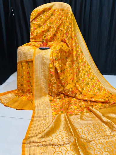Handcrafted Golden Yellow Khadi Paithani Silk Saree with Pure Gold Zari and Delicate Meena Floral Weave Traditional Indian Bridal | Festive Ethnic Wear thumbnail 0