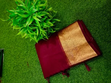 Maroon Maslin Organza Saree | Handcrafted Golden Zari Border| Matching Blouse Piece | Free Size thumbnail 0