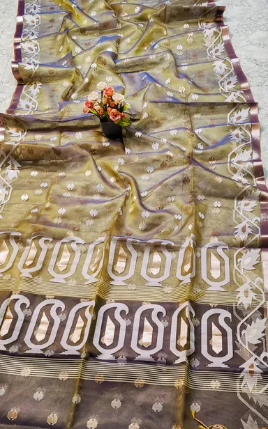Handcrafted Muslin Silk Jamdani Saree with Zari Butti Design for Women | Dark Beige Lightweight Festive and Party Wear Traditional Indian Saree with Blouse Piece | Premium Handloom Cotton-Silk Blend Elegant Ethnic Wedding Occasion Outfit thumbnail 0