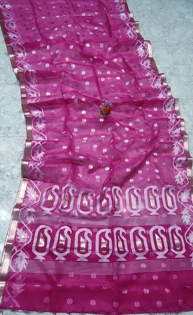 Handcrafted Muslin Silk Jamdani Saree with Jari Butti Design Magenta Color Matching Blouse Piece Traditional Indian Ethnic Wear Party Casual Wedding Saree Online in India thumbnail 0