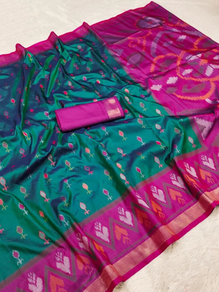 Handwoven Pochampally Silk Saree Pure Ikat Blue‑Green with Magenta Pallu and Matching Blouse Wedding Festive Ethnic Wear Traditional Handloom Silk Saree image 1