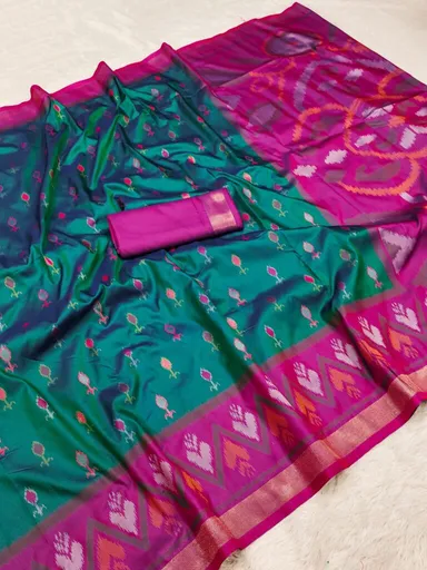Handwoven Pochampally Silk Saree Pure Ikat Blue‑Green with Magenta Pallu and Matching Blouse Wedding Festive Ethnic Wear Traditional Handloom Silk Saree thumbnail 0