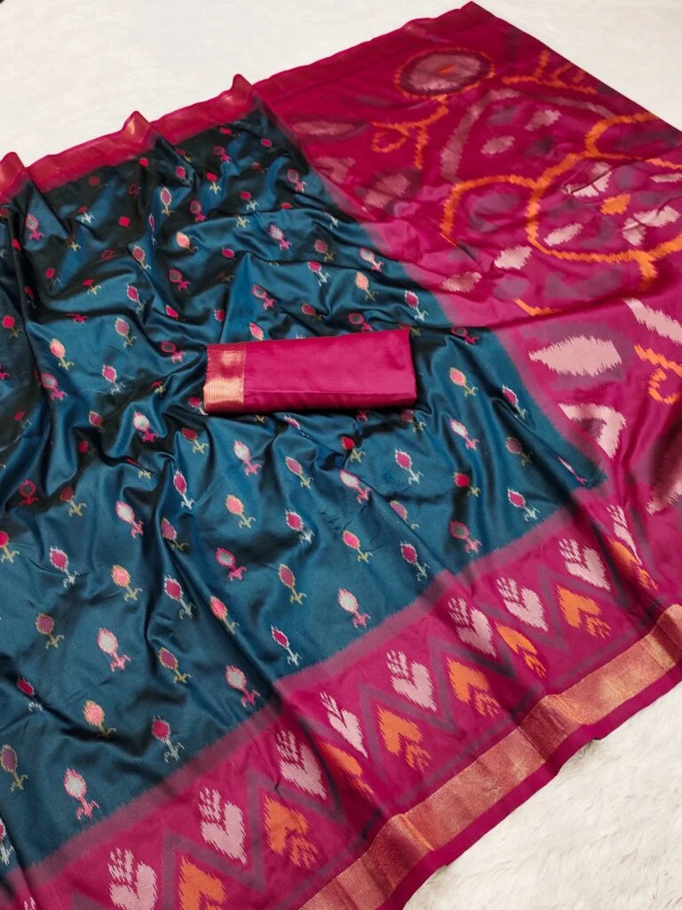 Handloom Pure Ikat Pochampally Silk Saree Deep Teal Body Hot Pink Pallu Blouse Piece Wedding Festive Bridal Silk Drapes Handwoven Traditional Indian Ethnic Wear image 1