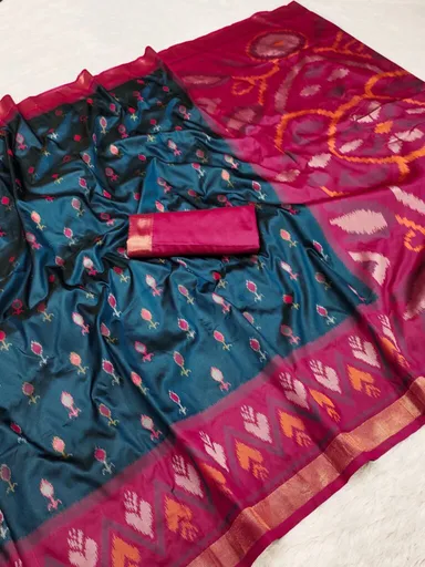 Handloom Pure Ikat Pochampally Silk Saree Deep Teal Body Hot Pink Pallu Blouse Piece Wedding Festive Bridal Silk Drapes Handwoven Traditional Indian Ethnic Wear thumbnail 0