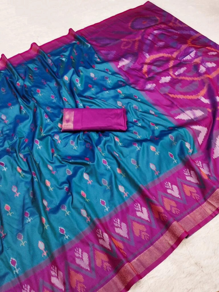 Pochampally Ikat Silk Saree | Peacock Blue Body Dark Magenta Pallu Blouse | Handwoven Pure Silk image 1