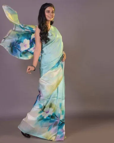 Murshidabad Bapta Silk Saree | Handblock Floral |Aqua Blue| Free Size | Summer Wear With Blouse thumbnail 0
