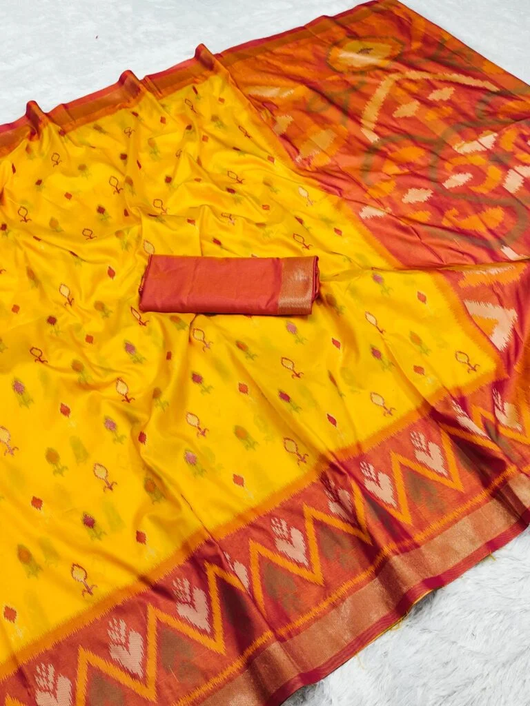 Pure Ikat Pochampally Silk Saree | Yellow Terracotta Orange Pallu Blouse | Handwoven Silk image 1