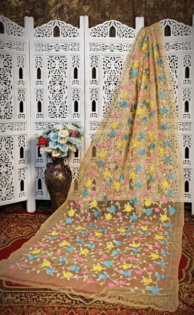 Beige Resham Kota Silk Saree Hand Embroidered Floral Motifs Festive Women Ethnic Wear Lightweight Traditional Draped Saree No Blouse Piece thumbnail 0