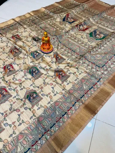 Tussar Silk Saree | Handpainted Madhubani Story Panels | Bronze Borders | Heritage Beige Canvas thumbnail 0