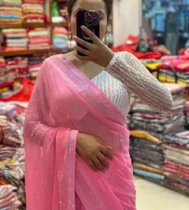 Pink Chiffon Saree | Ultra‑soft Bridal Partywear| Free Size| Handcrafted Elegance thumbnail 0