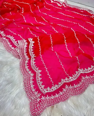 Hot Pink Georgette Satin Party Wear Saree for Women with Stone Embellishments and Unstitched Blouse Piece Elegant Ethnic Designer Evening Wear India thumbnail 0