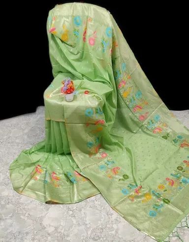 Paithani Silk Linen Saree | Handwoven Green Saree with Butti Work| Festive Wear with Blouse thumbnail 0