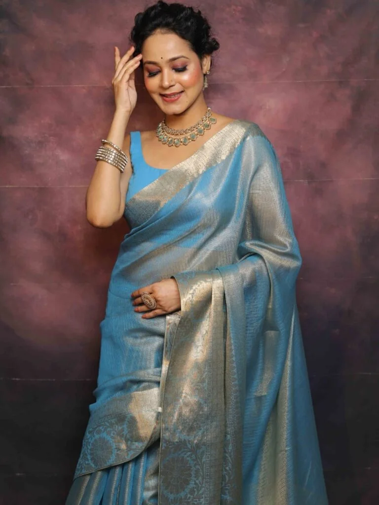 Handwoven Kota Tissue Banarasi Saree in Light Blue with Premium Zari Work and Matching Blouse Piece for Wedding Festive and Elegant Ethnic Wear image 1