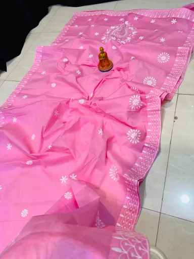 Lavender Pink Handcrafted Lucknowi Katha Saree Pure Polished Cotton Traditional Festive Ethnic Wear Soft Pastel Saree No Blouse Piece Elegant Indian Handloom Embroidery Premium Cotton Drape thumbnail 0