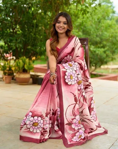  Blush Harmony Pink | Murshidabad Bapta Silk Saree | Handblock Floral Design Maroon Borders With Blouse thumbnail 0