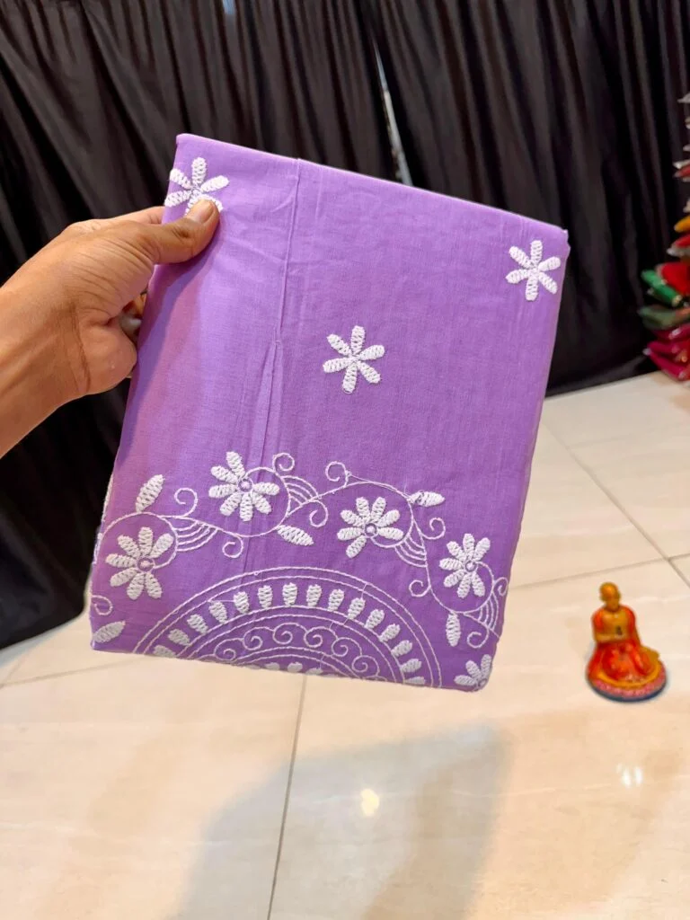 Light Purple Handcrafted Lucknowi Katha Work Saree in Pure Polished Cotton No Blouse Piece Traditional Indian Ethnic Wear Women’s Festival Casual Office Party image 1